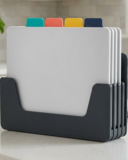 Mesx Colour-Tab Cutting Board Set of 4 with Holder - Lifestyle view